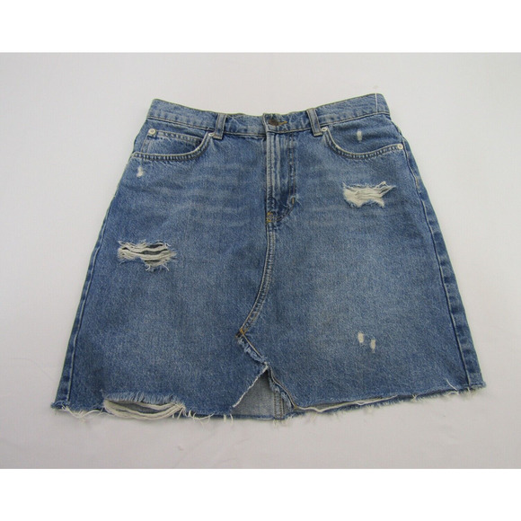 Free People Blue Distressed Denim Mini Skirt Womens 27" Indie Minimalist - Picture 1 of 10